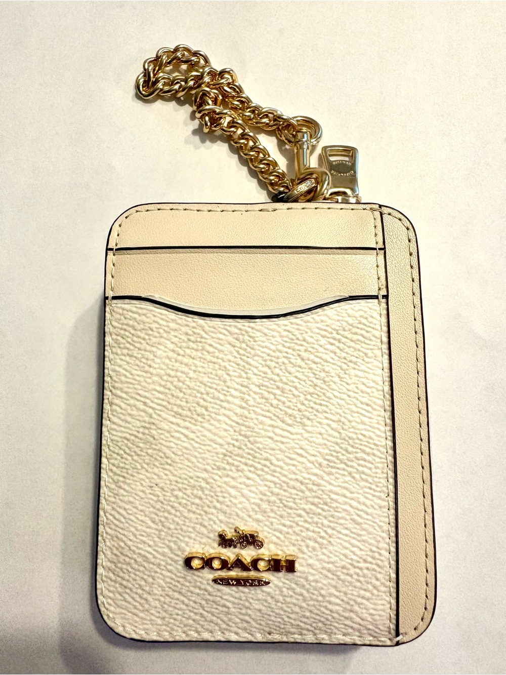 Coach Cream and Beige Leather Card Case with Gold Chain